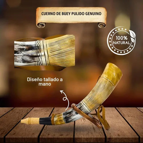 Vista 3 de Cuerno vikingo de soplado Trompeta de cuerno de buey genuina Herramienta de caza de cornetas vikingas con soporte de madera Ideal