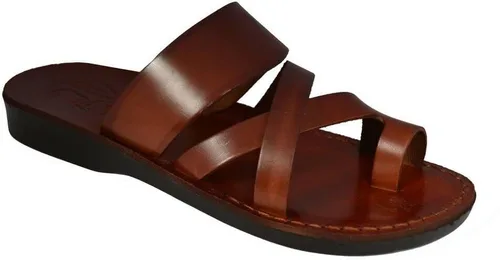 Vista 5 de Sandalias bíblicas de Jesús para hombre, cuero genuino de camello, lazo para el dedo del pie hecho a mano de Jerusalén, marrón y negro Tierra Santa