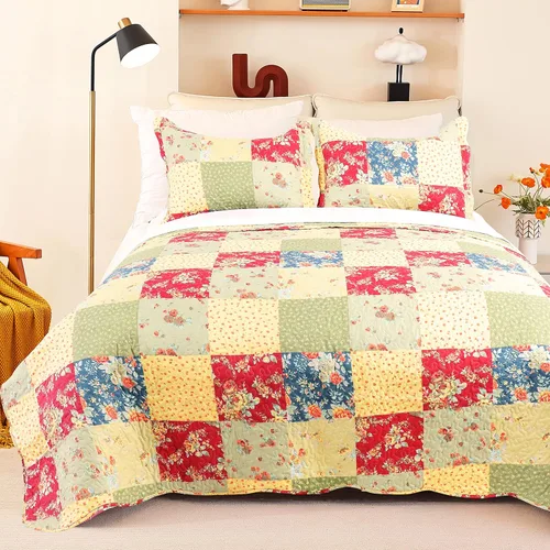 Vista 11 de Cmfshape - Juego de cama con edredón acolchado floral de verano tamaño king, juego de colcha rosa romántico, cubrecama reversible cosido para todas