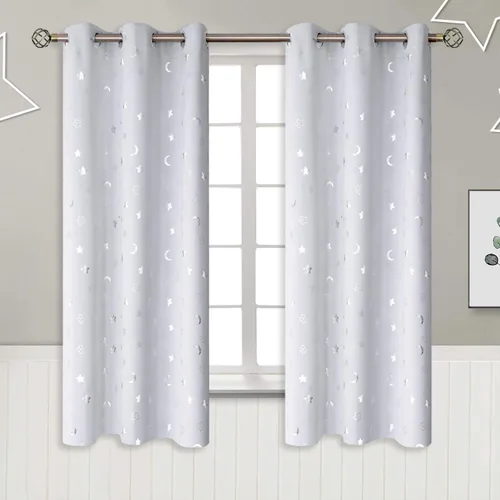 Vista 9 de BGment Cortinas opacas para dormitorio infantil, con aislamiento térmico, con ojales, estampado de estrellas plateadas, cortinas para oscurecer