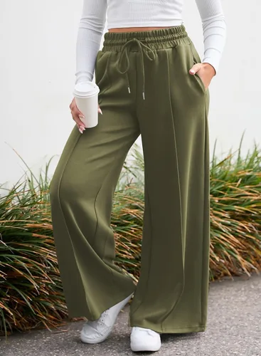 Vista 5 de Aleumdr Pantalones deportivos de cintura alta con cordón y pierna ancha con bolsillos, pantalones de yoga sueltos casuales para mujer