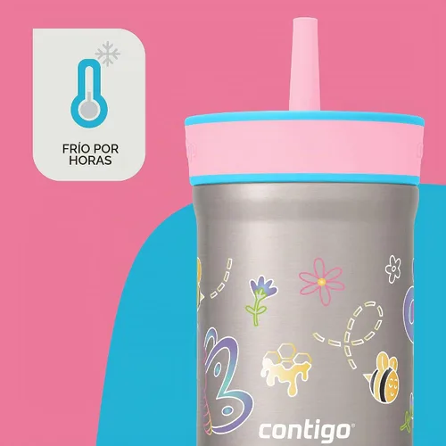 Vista 2 de Contigo Leighton - Vaso con pajita para niños con tapa a prueba de derrames, 12 onzas, Frambuesa/Azalea Spill-Proof Valve, Keeps Drinks Cold 13 Tapa
