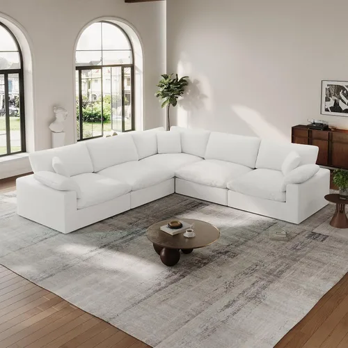 Vista 28 de Sofá modular Cloud para sala de estar, sofás de mezcla de lino en forma de L, modernos sofás de nube de asiento profundo, sofás seccionales Beige