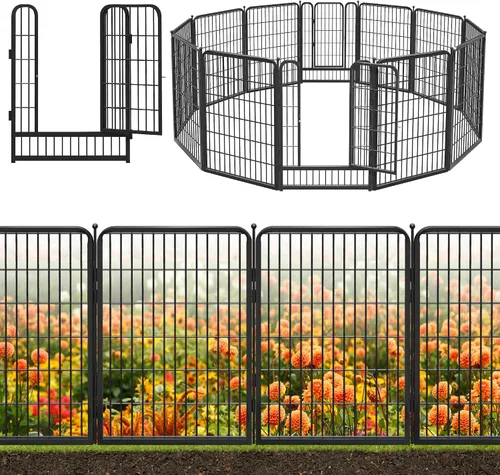 Vista 11 de Valla decorativa de metal negro para jardín con puerta, 4.5 pies de largo x 32 pulgadas de alto, 2 paneles de valla sin excavación, valla de barrera