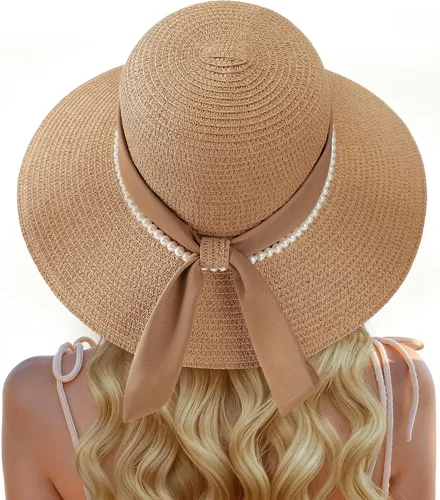 Vista 10 de Trifabricy Sombreros de paja de playa para mujer, sombrero de ala ancha con Shell - Caqui