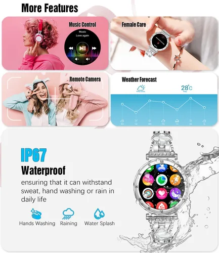 Vista 6 de Reloj inteligente para mujer, pantalla AMOLED HD de 1.19 pulgadas, reloj inteligente para mujer, rastreador de actividad física con monitor