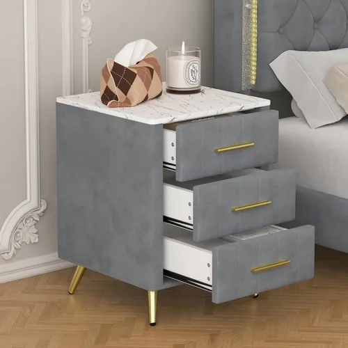 Vista 6 de Mesita de noche de terciopelo SOFTSEA con 3 cajones, mesita de noche tapizada con tapa de mármol sintético, mueble de mesa auxiliar, mesita de noche