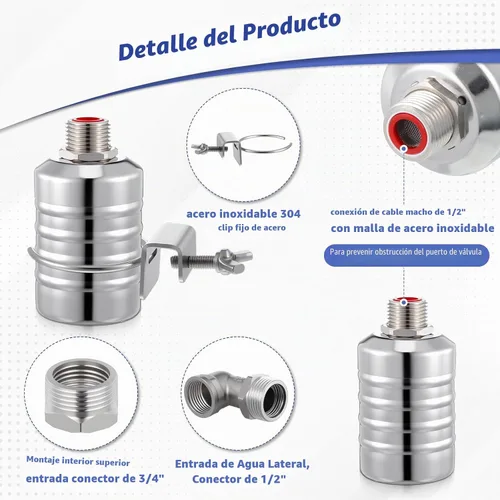 Vista 3 de Válvula de flotador de acero inoxidable 304 con control automático de nivel de agua, válvula de flotador de 1/2 a 3/4 pulgadas con cierre automático
