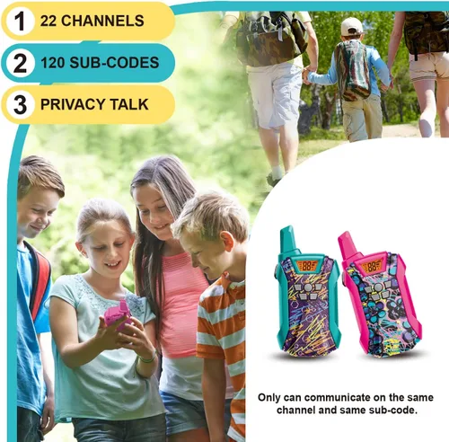 Vista 5 de Walkie Talkies para niños, 22 canales de largo alcance Walkie Talkies para niños y niñas de 4 a 12, juguete de radio de 2 vías, juguetes