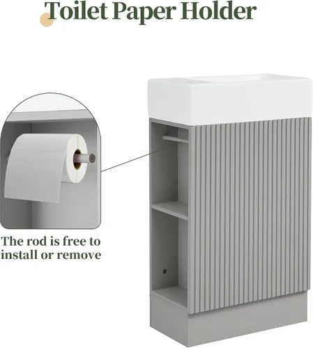 Vista 5 de LUMISOL Tocador de baño pequeño de 18.6 pulgadas con fregadero de cerámica, tocador estrecho con soporte para papel higiénico y puerta de cierre Gris