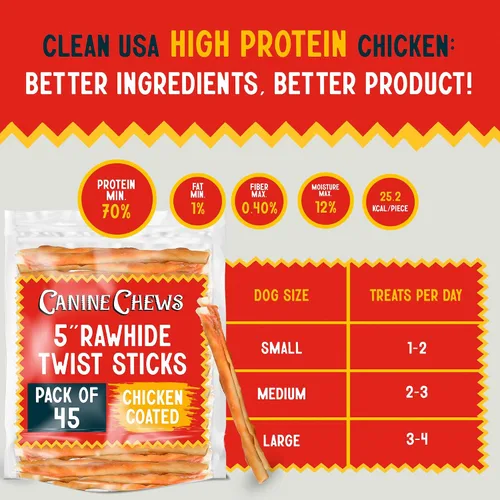Vista 8 de Canine Chews Palitos recubiertos de pollo de 5 pulgadas, paquete de 45 golosinas de cuero crudo para perros de origen estadounidense, masticables