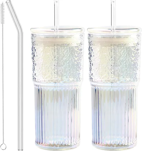 Vista 11 de JunVpic Tazas de vidrio con tapas y popotes, ámbar 20 OZ. Vasos para agua helada, zumo, té, leche, batido y bebidas frías o calientes, juego de 2