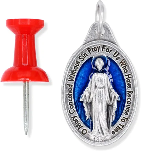 Vista 5 de Caritas et Fides Paquete de 5 colgantes de medalla milagrosa de 1 pulgada de plata oxidada azul milagrosa colgante para collar, medallas