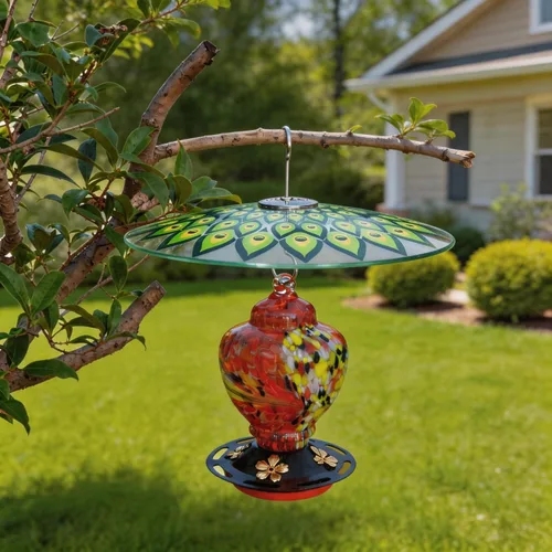 Vista 4 de 13" Large Glass Rain Cover for Bird Feeder, Peacock Weather Guard Dome