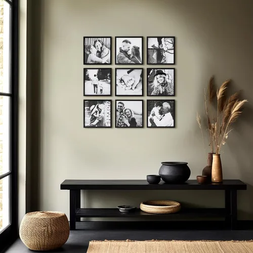 Vista 7 de ArtbyHannah Marcos de collage de fotos para pared, marco cuadrado de 8 x 8 pulgadas para decoración de sala de estar o escalera (negro, paquete de 9)