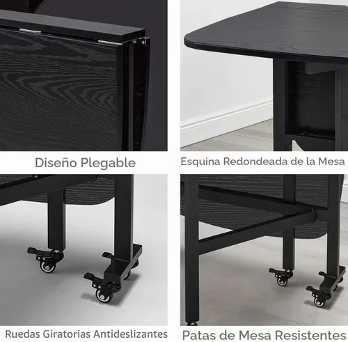 Vista 6 de Mesa Multifuncional de Hoja Abatible - Mesa de Comedor Plegable de 47" de Madera con 6 Ruedas (Negro)