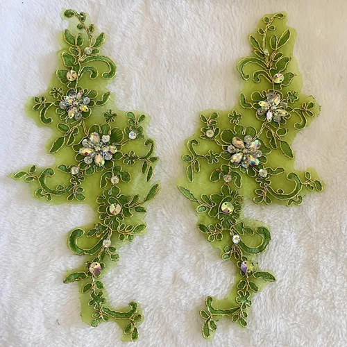 Vista 22 de Parches de tela de encaje fino bordados con diamantes de imitación bordados, decoración de vestido para coser en lentejuelas cuentas, accesorio