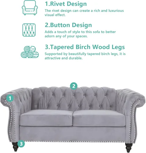 Vista 3 de QHITTY Juego de 2 piezas para sala de estar, Sofá Seccional Chesterfield Silla Contemporáneo Tapizado de Terciopelo Loveseat Juego de Sofás