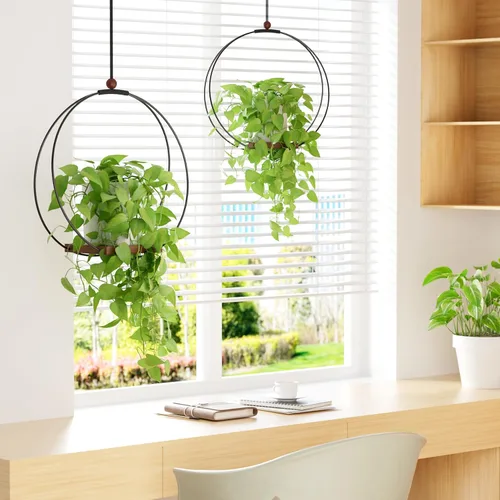 Vista 8 de Juego de 2 macetas colgantes para plantas de interior: colgador de plantas de macramé con base de madera resistente, decoración de pared, techo
