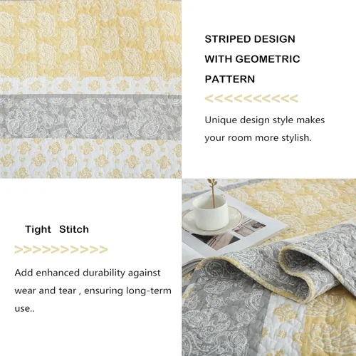 Vista 5 de Edredones Amarillos Tamaño Queen, Juego de Ropa de Cama de Algodón, Edredón Amarillo Gris Blanco, Ropa de Cama Rayada Tamaño Queen, Edredón de Lujo