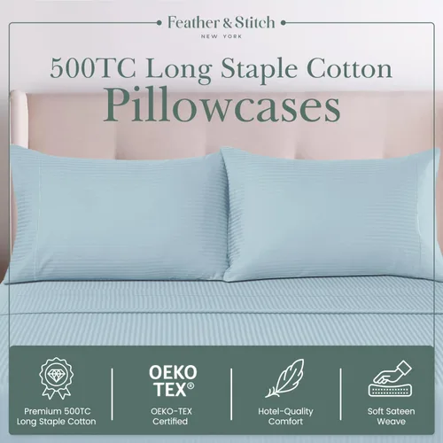 Vista 7 de Feather & Stitch - Juego de 2 fundas de almohada estándar de 100 % algodón, 500 hilos, fundas de almohada suaves con cierre tipo sobre, suaves