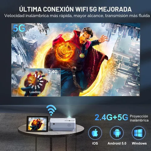 Vista 2 de FUDONI Proyector con WiFi 5G y Bluetooth, proyector de cine portátil Native 1080P 18000L para cine en casa al aire libre, altavoz integrado