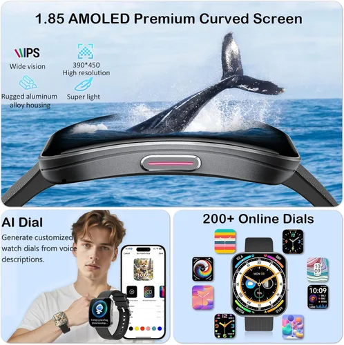 Vista 2 de Smart Watch for Men Women, Bluetooth Calls, AI Dial,AI Q&A,1.85" HD AMOLED Curved Display Fitness Watch with Heart Rate/SpO2/Stress Monitor