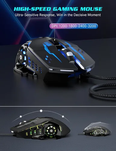 Vista 7 de Combo de teclado y mouse para juegos Retroiluminación RGB 14 efectos de iluminación, teclado de computadora con cable USB, anti-fantasma de 26