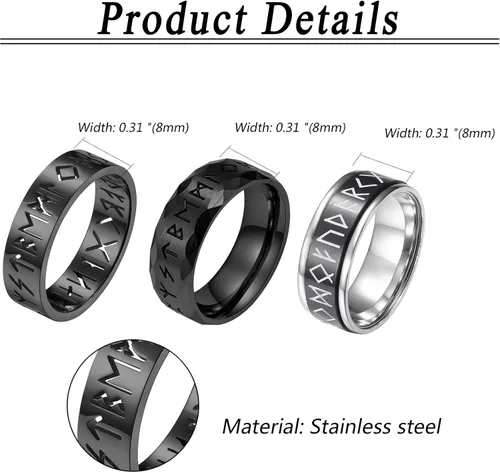 Vista 3 de OIDEA Juego de 3 anillos de runa vikingos huecos nórdicos para hombres y mujeres 0.315 pulgadas de acero inoxidable giratorio, anillos