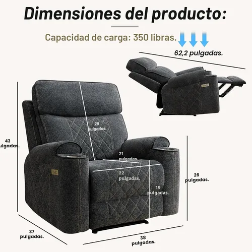 Vista 2 de HAOMARKETS Silla reclinable eléctrica, sillón reclinable eléctrico de tela suave con portavasos de metal, sillas reclinables de alta resistencia