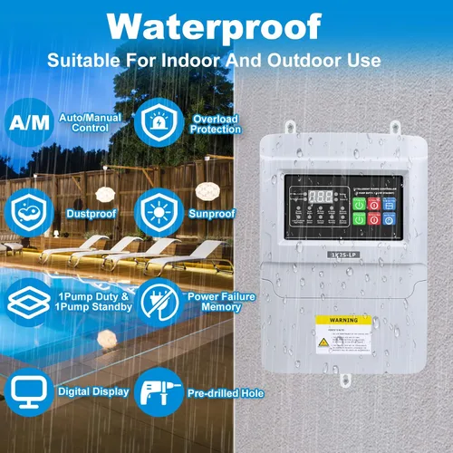 Vista 4 de Sekelo Caja de control de bomba de agua de 110 V, 2 HP, controlador de doble bomba con pantalla LCD, drenaje automático, interruptor de flotador