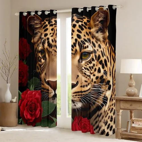 Vista 3 de Erosebridal Cortinas de Rosas Rojas 3D Tratamientos para Ventanas de Guepardo, Paneles de Cortinas con Estampado de Gato Leopardo para Sala