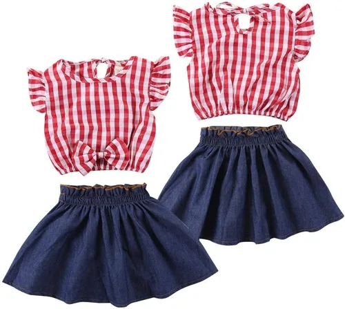 Vista 4 de Conjunto de ropa de vestir de manga corta con volantes y falda vaquera para bebé niña A cuadros