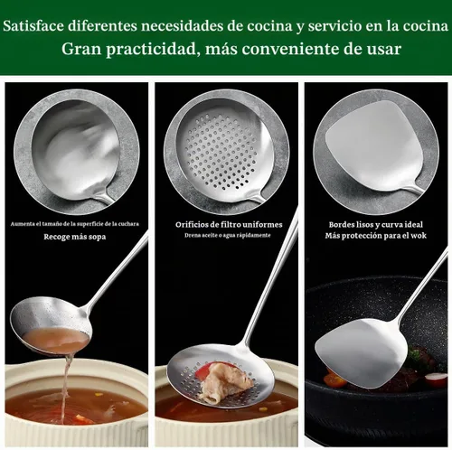 Vista 7 de Evanda Juego de espátulas Wok de 17 pulgadas, herramientas de wok de acero inoxidable con mango de madera resistente al calor, cucharón, espátula