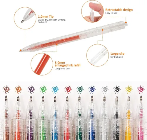 Vista 3 de SMOOTHERPRO GRP018N - Bolígrafos de gel retráctiles con purpurina, 18 colores metálicos, tinta de gel con purpurina plateada intensa de 0.039 in