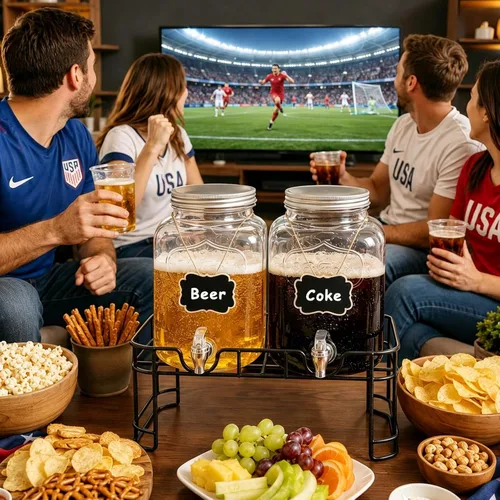 Vista 6 de Dispensadores de bebidas de vidrio de 1 galón para fiestas, juego de 2, dispensador de bebidas con infusor y soporte de frutas, dispensador de jugo