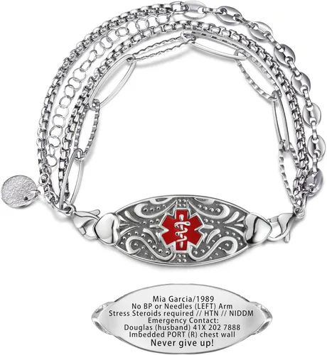 Vista 7 de Pulseras de alerta médica elegantes personalizadas para mujer con grabado gratis, pulsera de identificación de emergencia personalizada