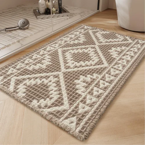 Vista 9 de PADOOR -Tapete de baño de punto gofre, súper absorbente, lavable a máquina, antideslizante, con borlas, tapete de baño suave para lavandería, Marrón