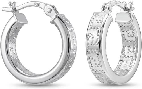 Vista 14 de LeCalla Aretes de aro de plata de ley 925 con llave griega, ligeros, con parte superior de clic, patrón de corte de pared griega para mujer Pared