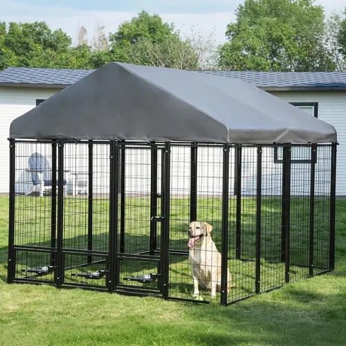 Vista 10 de Perrera para perros al aire libre de 4.5 x 4.5 x 4.9 pies con techo y soportes giratorios para tazones, recinto de metal grande para perros, casa