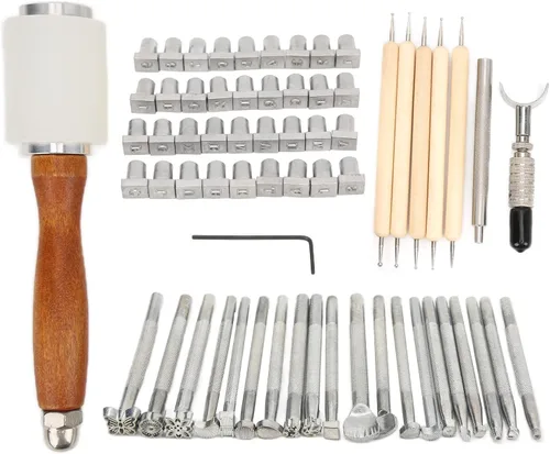 Vista 7 de Leather Sculpture Stamping Tools Kit, Professional Leather Working Tools, 21 Patterns with English Letters and Numbers, DIY Leather Craft Set for