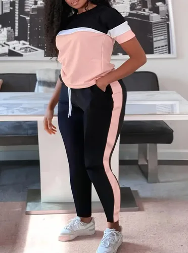 Vista 3 de LovelyWholesale Plus Size 2 Piece Outfits for Women Color Block Tracksuit