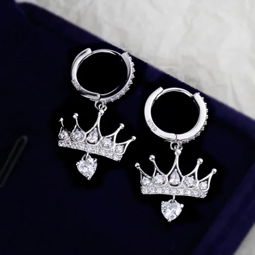 Vista 5 de 925 Sterling Silver Cubic Zirconia Princess Crown Dangle Huggie Hoop Earrings