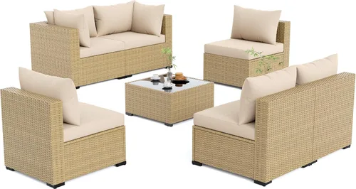 Vista 9 de UDPATIO Muebles de exterior 7 piezas de mimbre para patio, cojín Beige