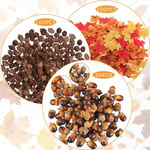 Vista 3 de Juego de 200 piezas de hojas de arce artificiales artificiales de bellota natural, minicono de pino, decoración de mesa de otoño, bellotas