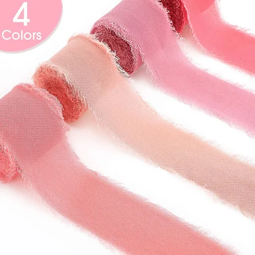 Vista 3 de Boao 4 rollos de cinta de gasa hecha a mano con flecos de seda de 1.5 pulgadas x 7 yardas, cintas deshilachadas rosas para el día de San Valentín