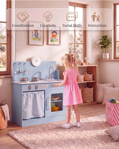 Vista 6 de MAMIZO Juego de cocina para niños pequeños, juego de cocina de juguete de madera para niños con almacenamiento inteligente, último interactivo, Azul