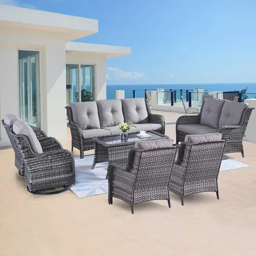 Vista 29 de Belord Mesa auxiliar pequeña para exteriores, mesa de mimbre de vidrio templado, mesa de centro impermeable para patio, mesa auxiliar de ratán