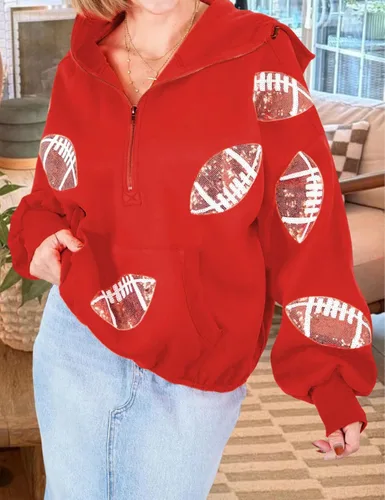 Vista 20 de SeekMe Sudaderas con capucha de lentejuelas para mujer, para el día del partido, suéteres de manga larga con cremallera y bolsillo