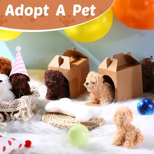 Vista 7 de Juego de 20 Mini Juguetes de Peluche Animales de Peluche Perros con Sombreros de Cumpleaños Cajas de Papel Kraft Cachorros de Peluche Pequeños